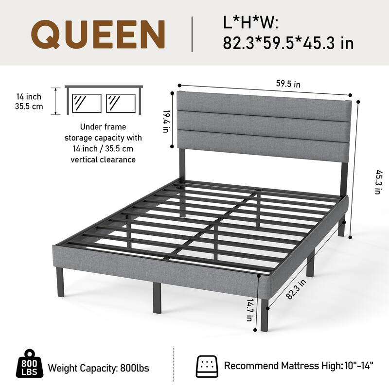 Queen Size Upholstered Platform Bed with Headboard, 14'' Underbed Storage, No Box Spring Needed