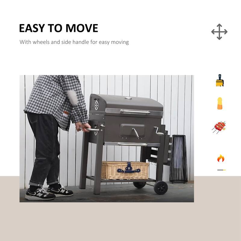 Outsunny Charcoal BBQ Grill Outdoor Portable Trolley Camping Picnic Backyard with Side Shelf Grey - 45.25"L x 22"W x 42.5"H