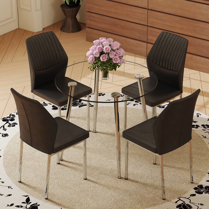 5-Piece Indoor Modern Round Dining Table Set for 4, Transparent Glass Table & 4 PU Chairs Set for Kitchen, Living Room - Black+Silver,Transparent