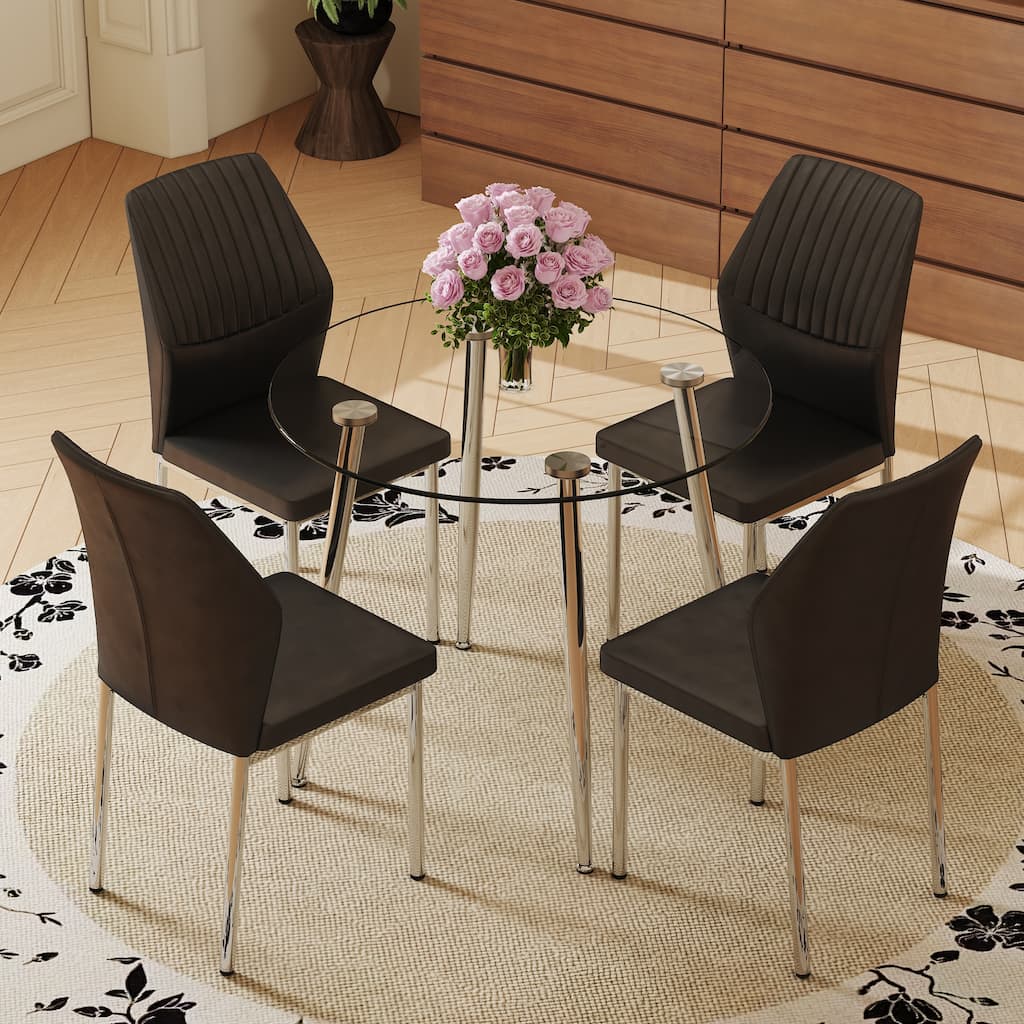 5-Piece Indoor Modern Round Dining Table Set for 4, Transparent Glass Table & 4 PU Chairs Set for Kitchen, Living Room