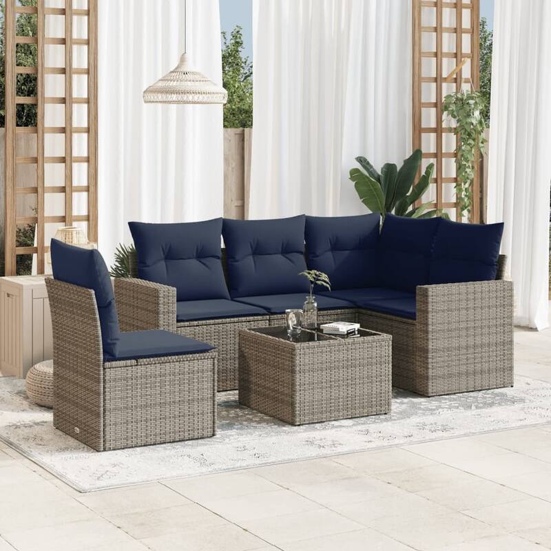 vidaXL Patio Sofa Set with Cushions Outdoor Conversation Furniture Poly Rattan - 25.8" x 24.4" x 27.2" - Beige and gray with table