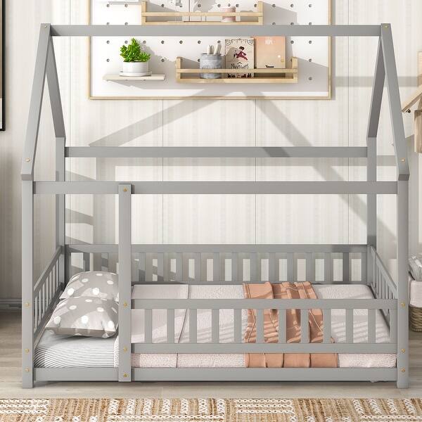 slide 2 of 73, Floor Wooden Bed with House Roof and Fence Guardrails for Kids' Bedroom Full - Grey