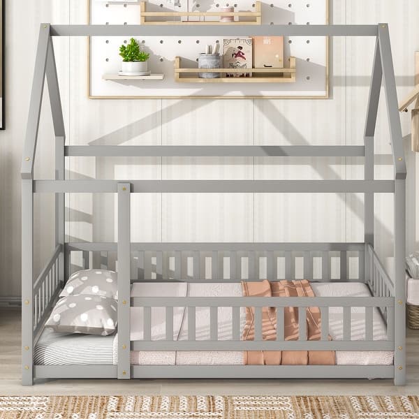 slide 2 of 39, Full Size Wooden Bed House Bed with House Roof Frame Grey