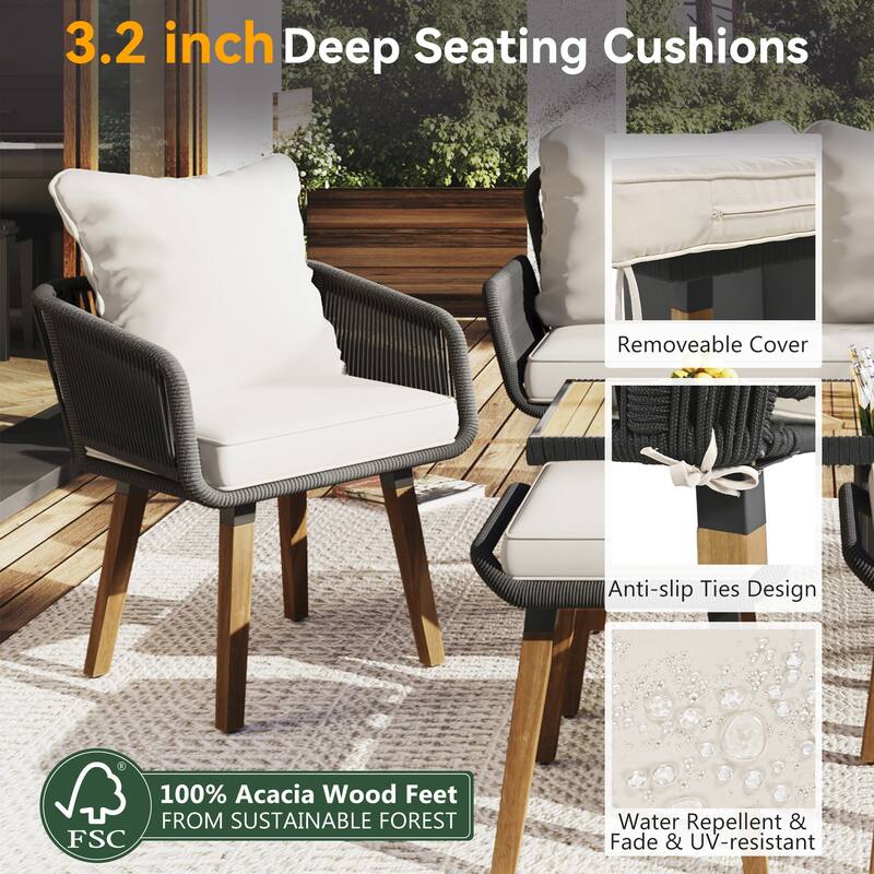 6 Piece Outdoor Woven Rope Furniture Set Deep Seat Patio Conversation Sofa Set, Acacia Wood Cool Bar Table with Ice Bucket