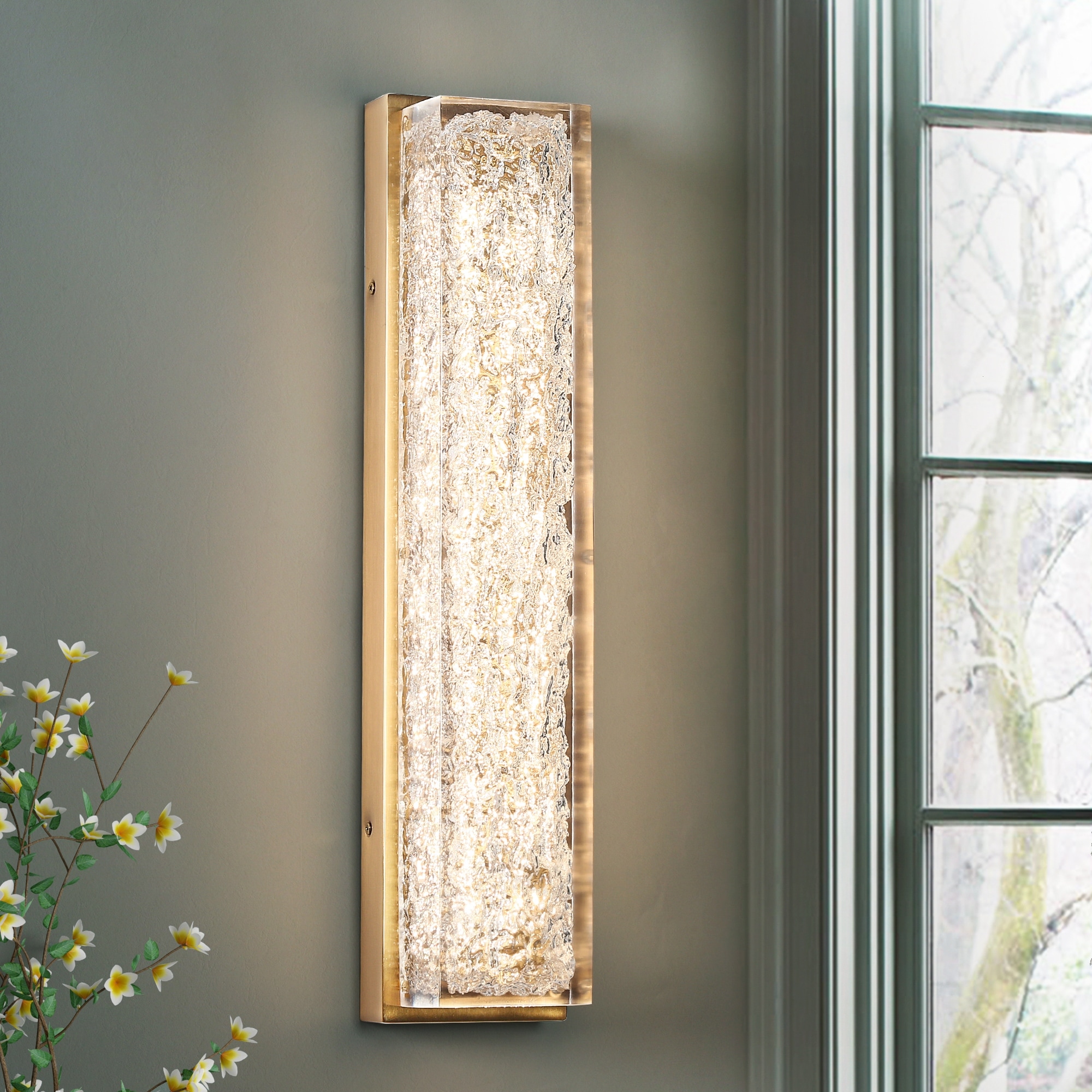 Modern Glam Flush Mount LED Wall Sconce Resin Shade Brass Bathroom Sconce - 4.3" L x 3.7" W x 20" H