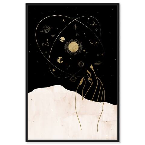 Touch of Stars, Zodiac Planets Hand Modern Black Canvas Wall Art Print for Living Room