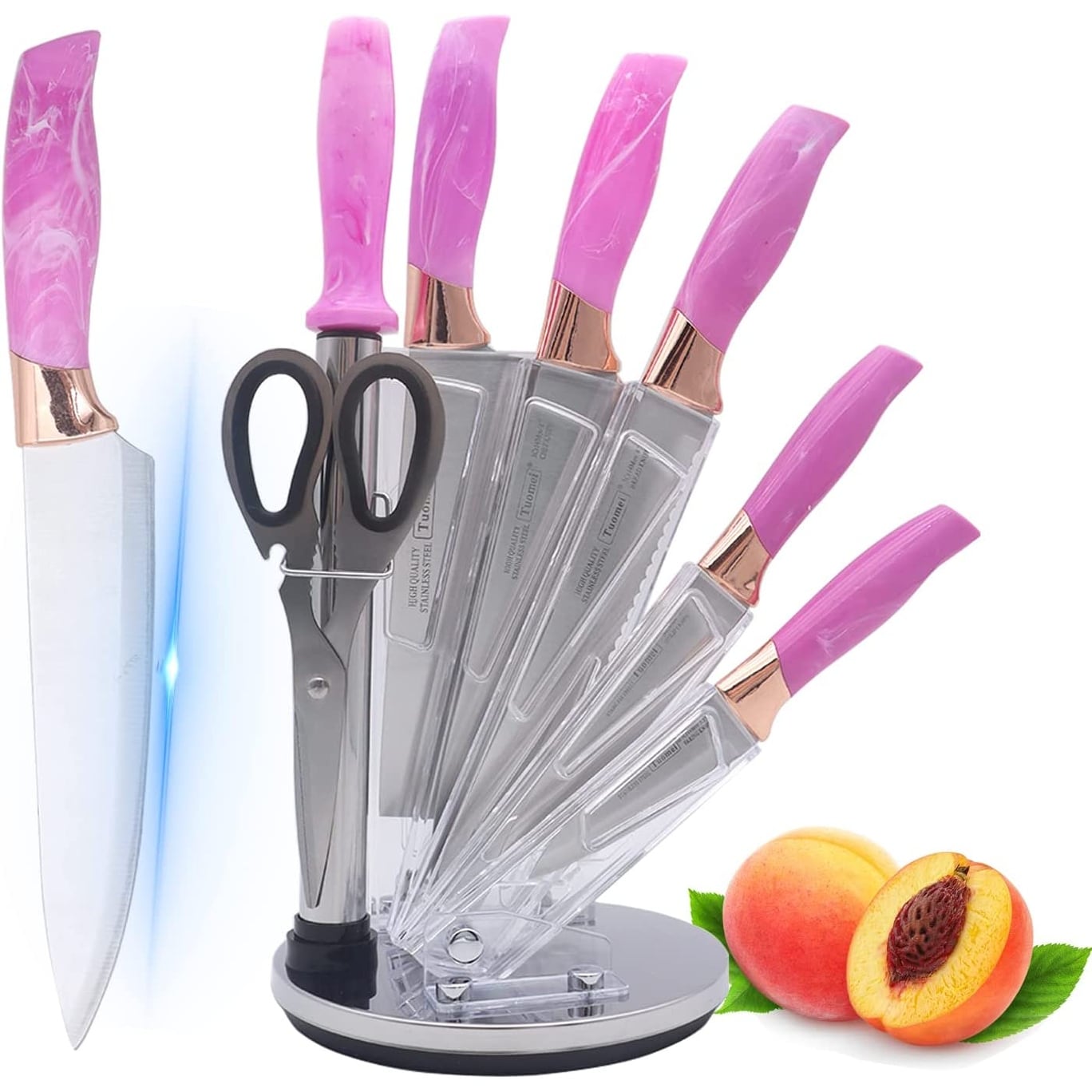 Kitchen Knife Set, 6 Pieces Pink Stainless Steel Sharp Cooking Knife Set with Acrylic Stand, Non-Stick Coating Pink Flower Block Knife Set with Gift