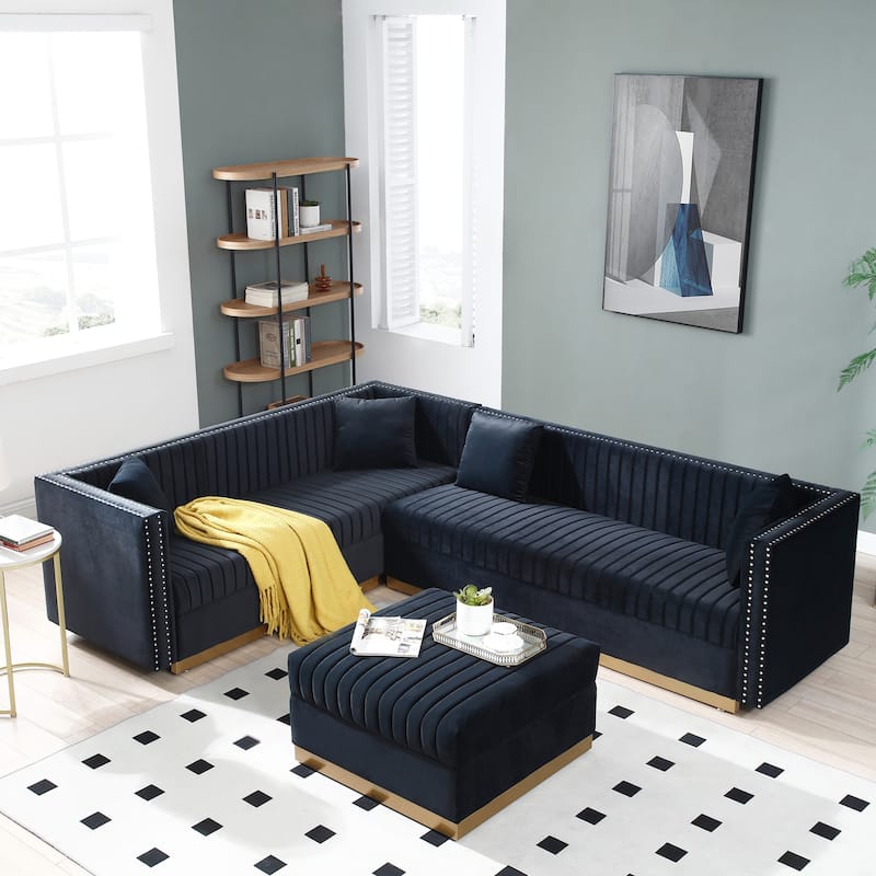 Luxurious Velvet Vertical Channel Tufted L-Shaped Corner Sectional Sofa with Convertible Ottoman and 4 Pillows - Black