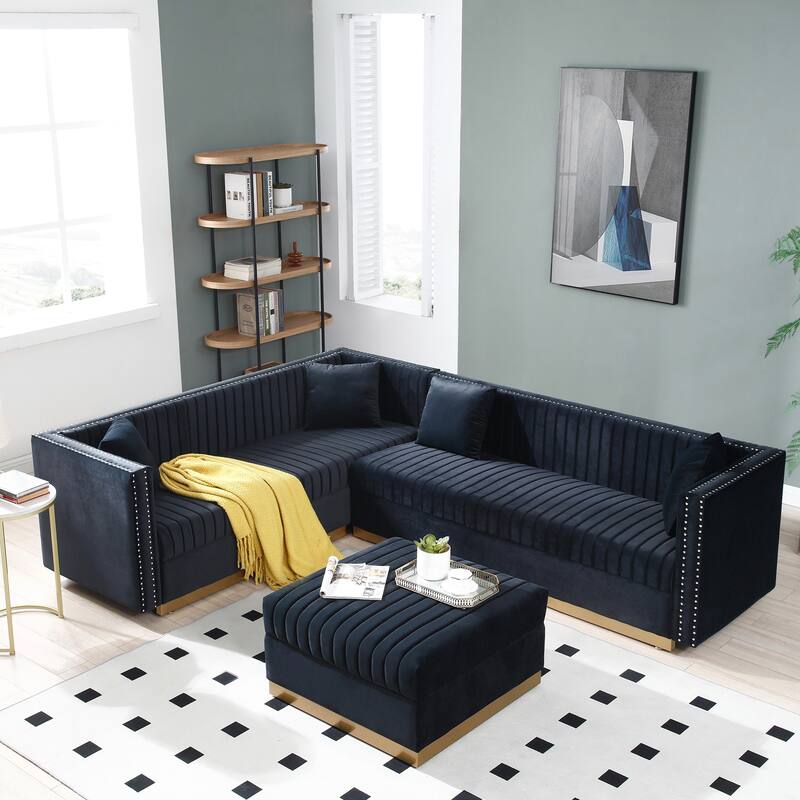 Velvet L-Shaped Sectional Sofa with Ottoman