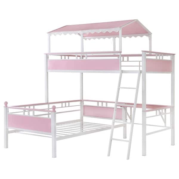 slide 2 of 3, Alexia Pink and White Twin Over Twin Workstation Bunk Bed