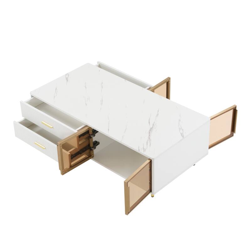 Modern White Coffee Table with 2 Glass Door Storage
