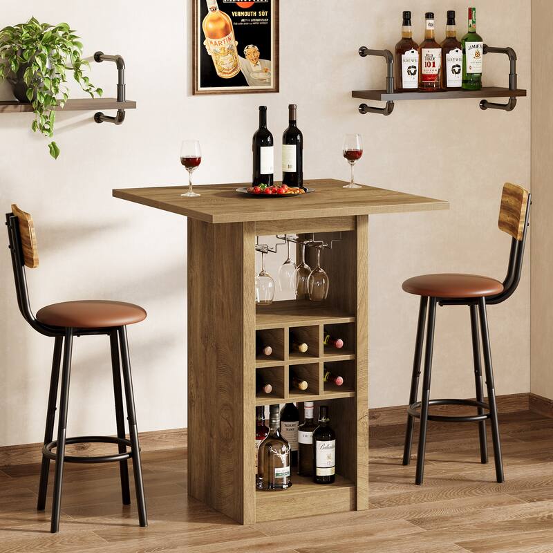 Wood Counter Height Bar Table, Glass Holders Wine Racks Storage Shelves, Kitchen Bistro High Top Pub Cocktail Home Bar Unit