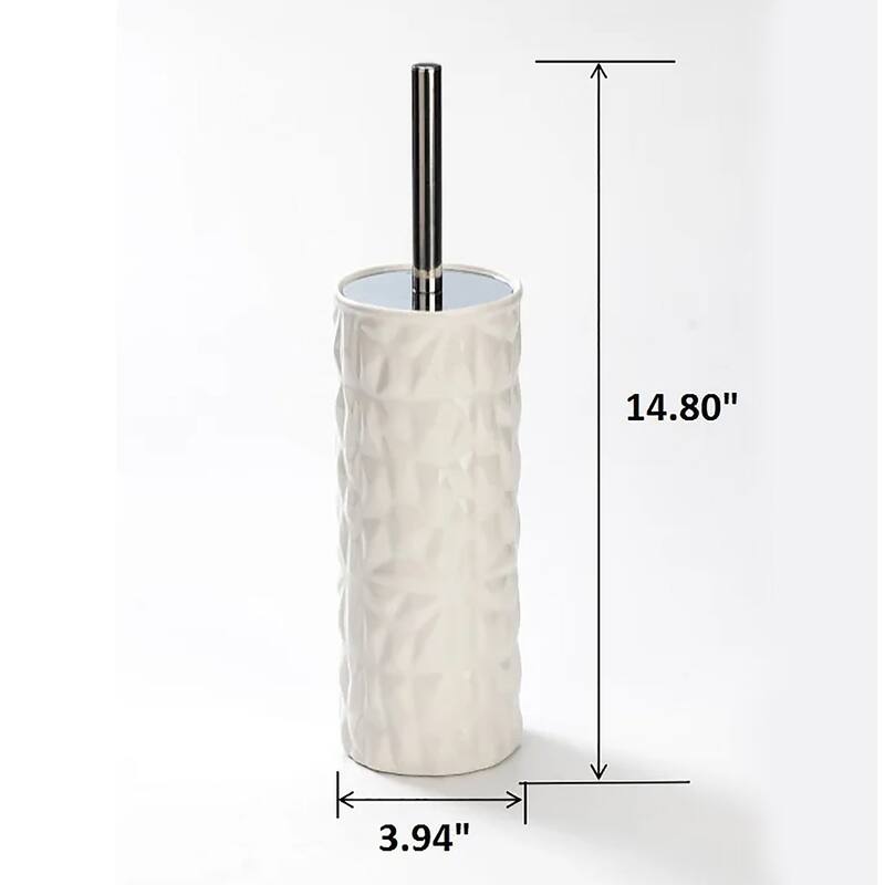 15" Tall Embossed Textured Beige Cream Ceramic Toilet Brush Set with Holder