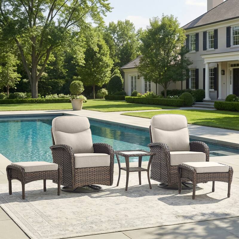 Pocassy Outdoor Wicker Patio Swivel Chair with Ottoman Sets - Brown Wicker Beige Cushion - 5-Piece Swivel Chair with Ottoman