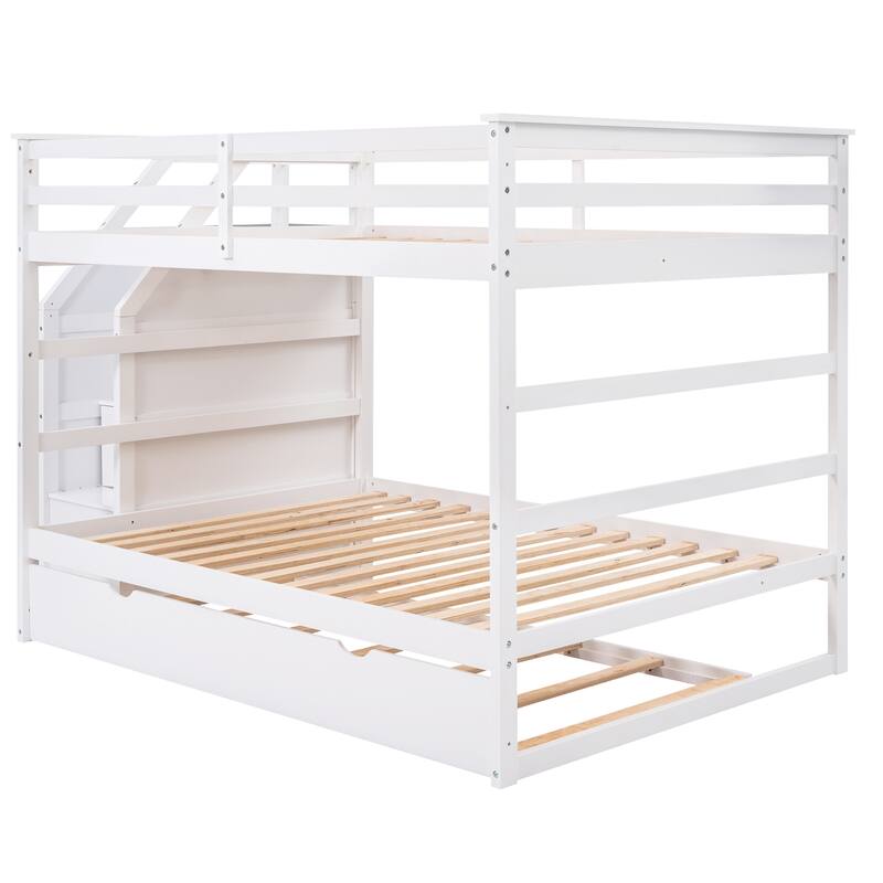 Bunk Bed with Trundle with Safety Guardrail and 3 Storage Stairs, Triple Bunk Multifunctional Space-Saving Solution for Bedroom