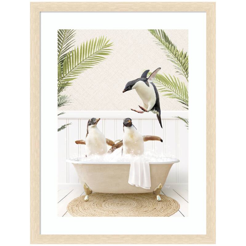 Kate and Laurel Penguins in Palms Bath by Amy Peterson Framed Wall Art Print - 20 x 26 - Natural