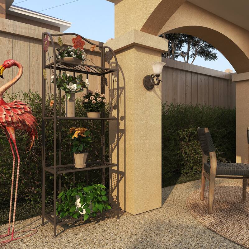 Metal Floral Indoor Outdoor Tall Folding 4 Shelves Bakers Rack - Black - Roche River Decor