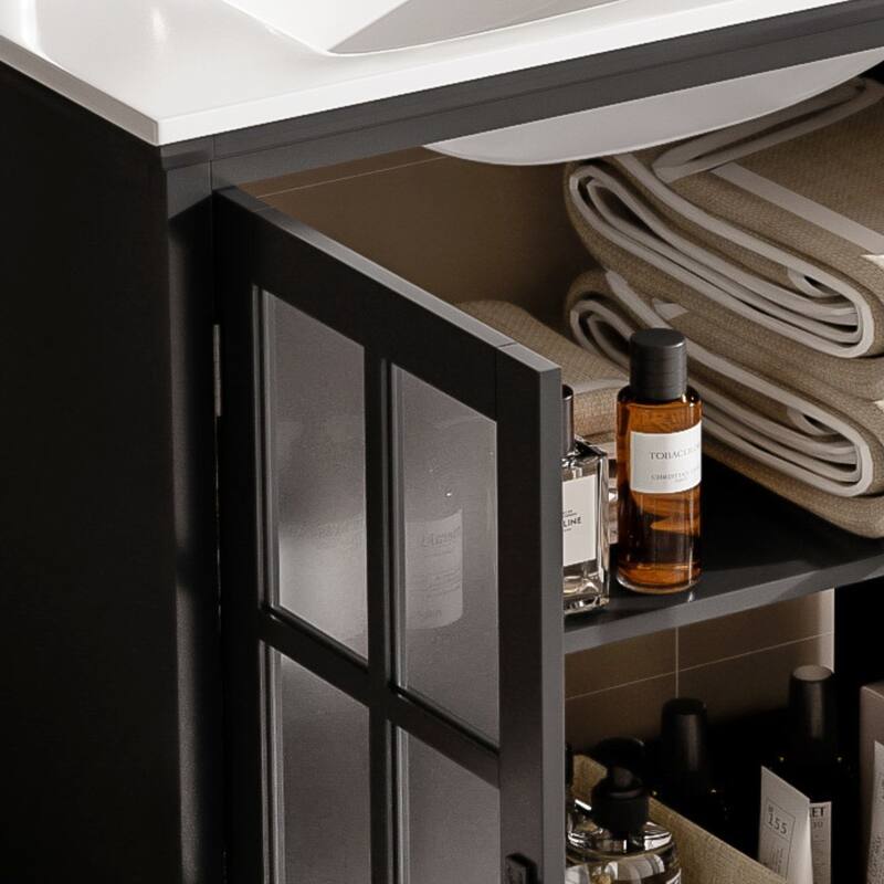 30"Bathroom Vanity with Ceramic Sink, Tempered Blurred Glass and Matte Black Handles, Large Storage Space and Rubber Wood Frame