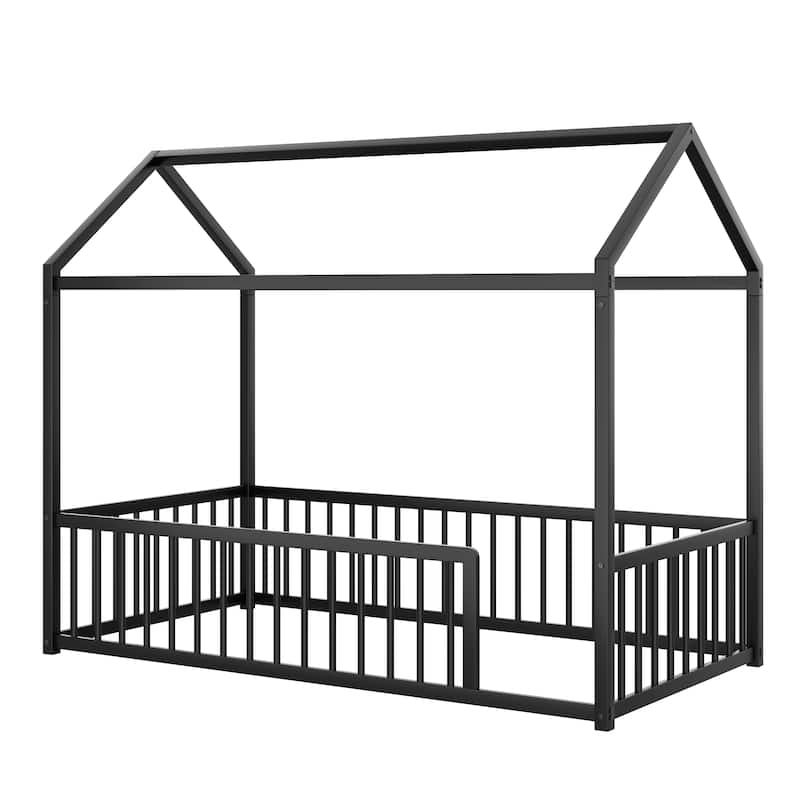 Montessori Metal House Bed with Low Entry & 3-Side Fence by Harper&Bright Designs