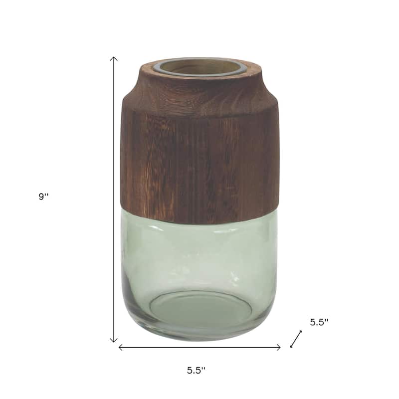 9" Brown And Sage Glass Cylindrical Table Vase With Wood - 5.50
