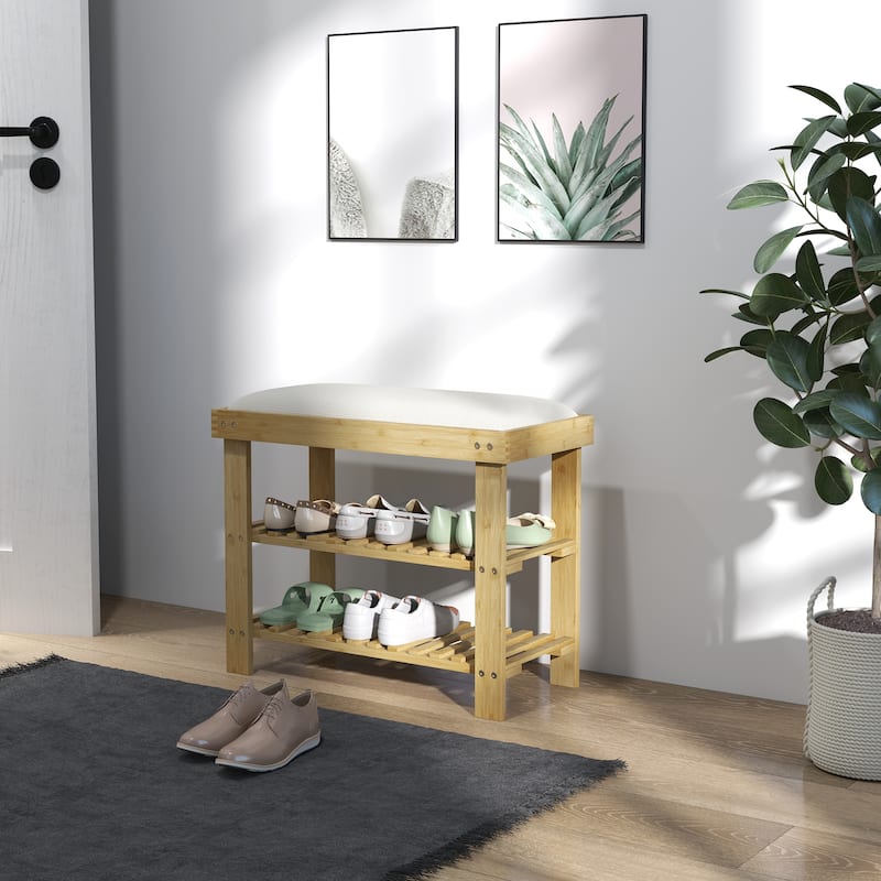 HOMCOM Bamboo Shoe Bench, 3-Tier Entryway Bench with Storage and Cushion, Shoe Organizer for Entryway, Hallway