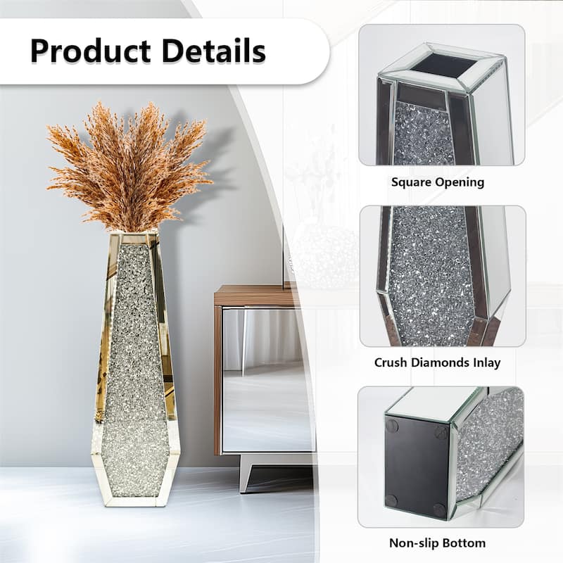 Large Mirrored Floor Standing Vases Crushed Diamond Crystal Glass for Holding Dried Flowers Plant