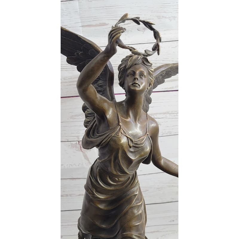 Bronze Sculpture Statue Figure Of Winged Female Angel Holding Wreath Trumpet Horn