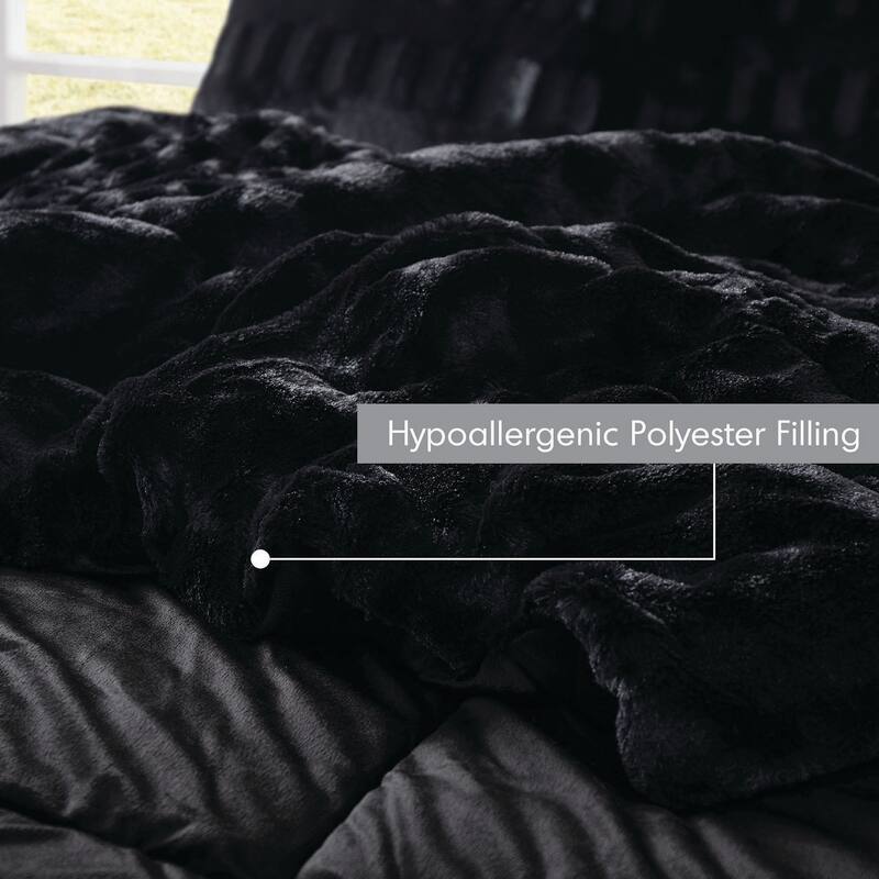 3 PCS Full/Queen Solid Faux Fur Comforter Mini Set Black