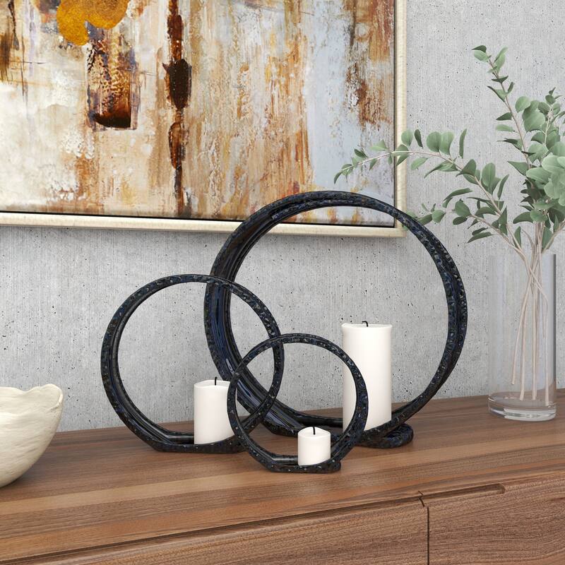 Silver Ceramic Pillar 3 Plate Candle Holder (Set of 3) - 14 x 5 x 13Round