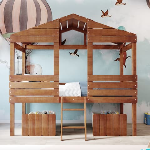 Merax Wood Twin Size Low Loft House Bed with Two Drawers