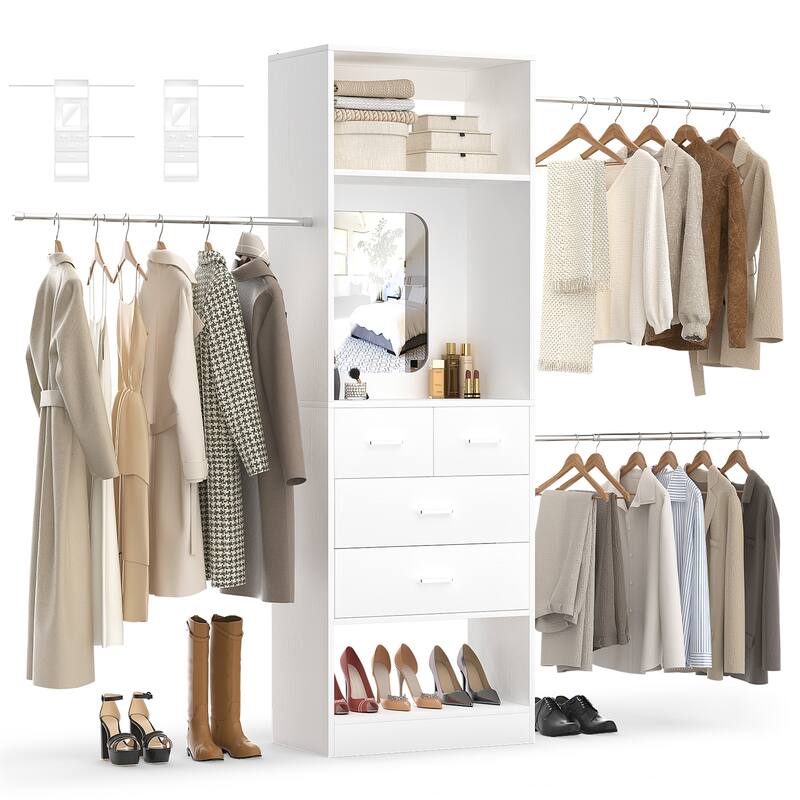 25'' - 96" W Closet System with 4 Wooden Drawers and Mirror, Walk-in Closet Organizer Kits with 3 Extendable Hanging Rods