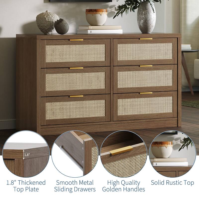 6/7-Drawer Dresser for Bedroom, Rattan Dresser Modern Wood Chest with Metal Handles
