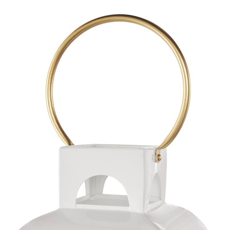 Metal Tall Arched Cutout Indoor Outdoor Candle Lantern with Gold Handle - White - Roche River Decor