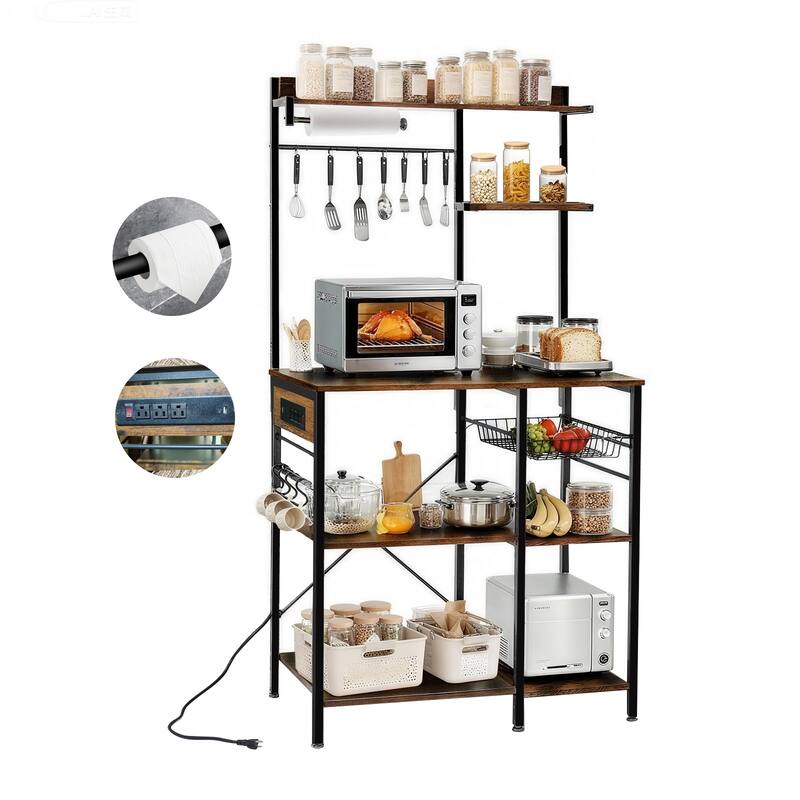 Bakers Rack with Power Outlet, Microwave Stand with Storage, Coffee Bar with S-Shaped Hooks, Kitchen Shelf with Wire Basket
