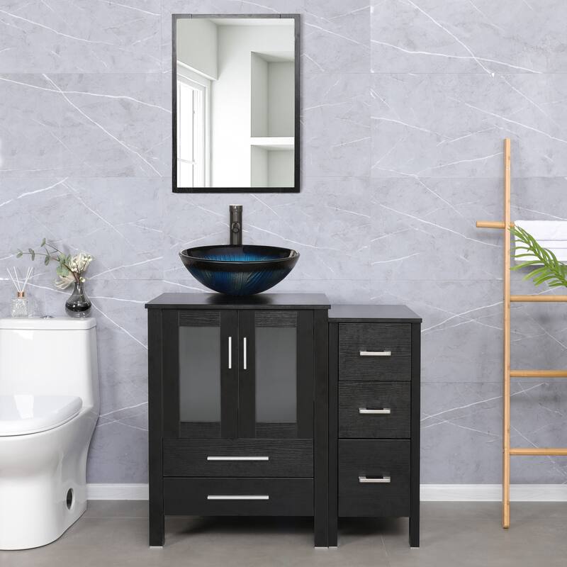 eclife 36" Bathroom Vanity Black Set with Side Cabinet Vessel Sink Faucet Combo