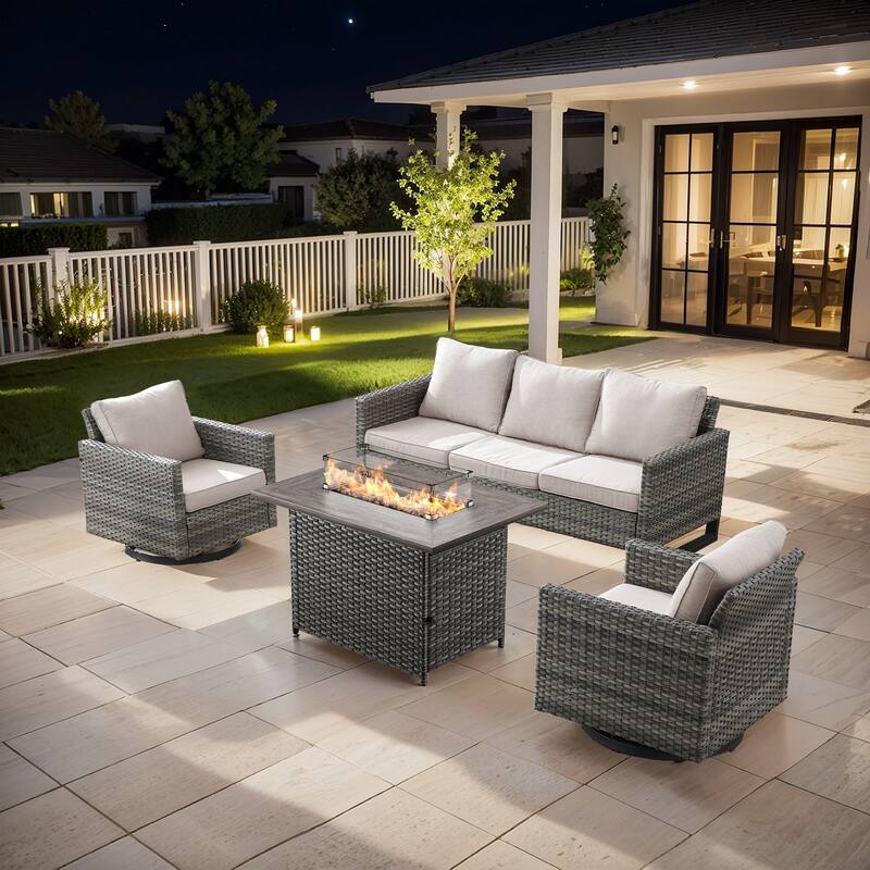 Outdoor Sofa 2 Glider Chairs and Fire Pit Table - Grey - Beige