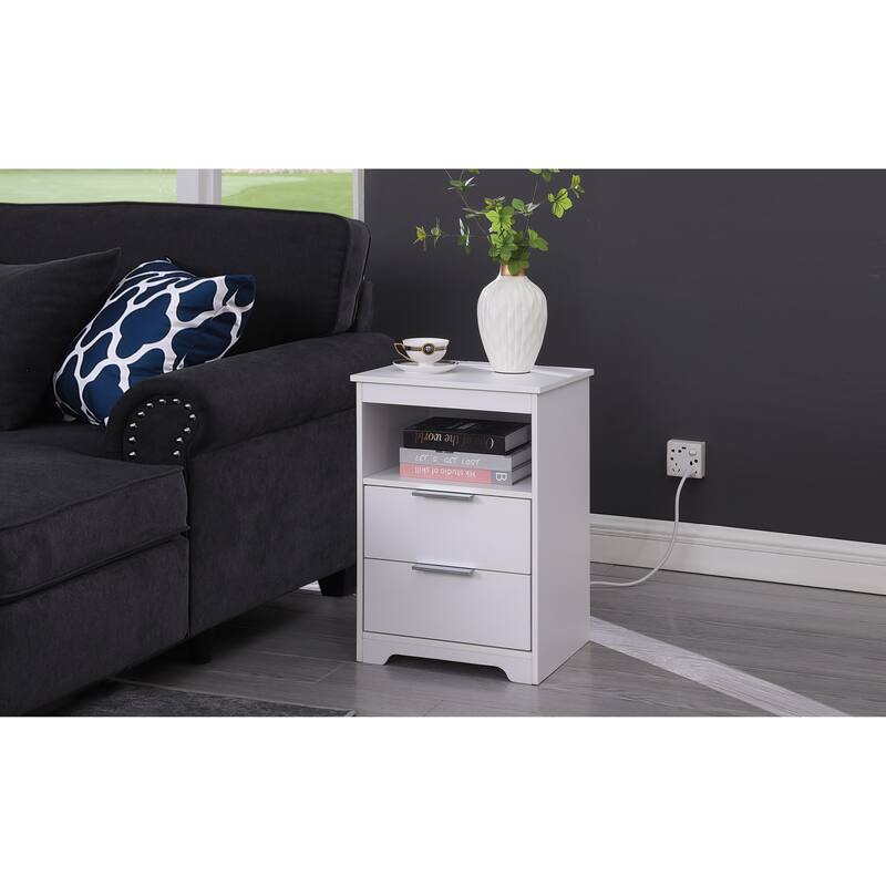 White End Table Side Table Nightstand with 2 Drawers, Lamp Table Dressing Table with Open Shelf and Charging Station