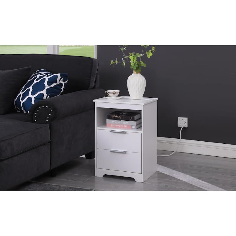 White Wooden Nightstand with Charging Station, Dual Drawers, and Open Shelf for Bedroom or Living Room
