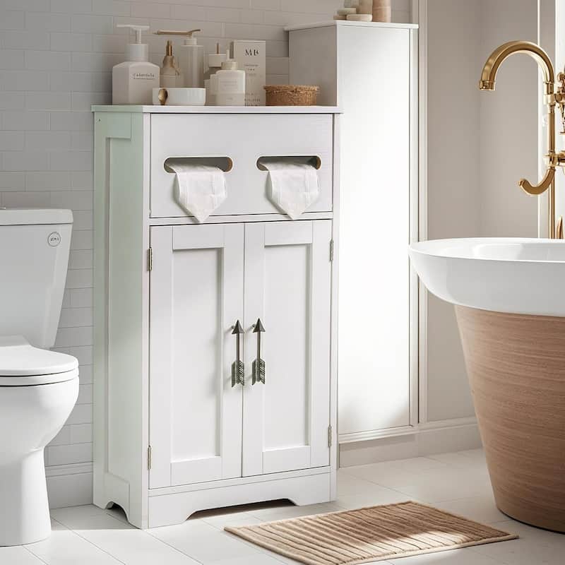 VECELO Slim Bathroom Floor Cabinet with Shutter Door 3-Tier Storage Shelf with Hooks Freestanding Cabinet for Bedroom, Entryway