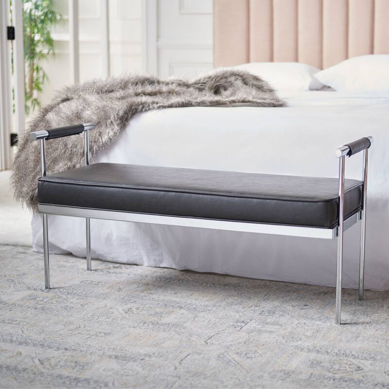 SAFAVIEH Pinkey Glam Long Rectangle Cushion Bench with Arms - 48" W x 17.3" L x 24.8" H - 48Wx17Dx25H - Black/Chrome