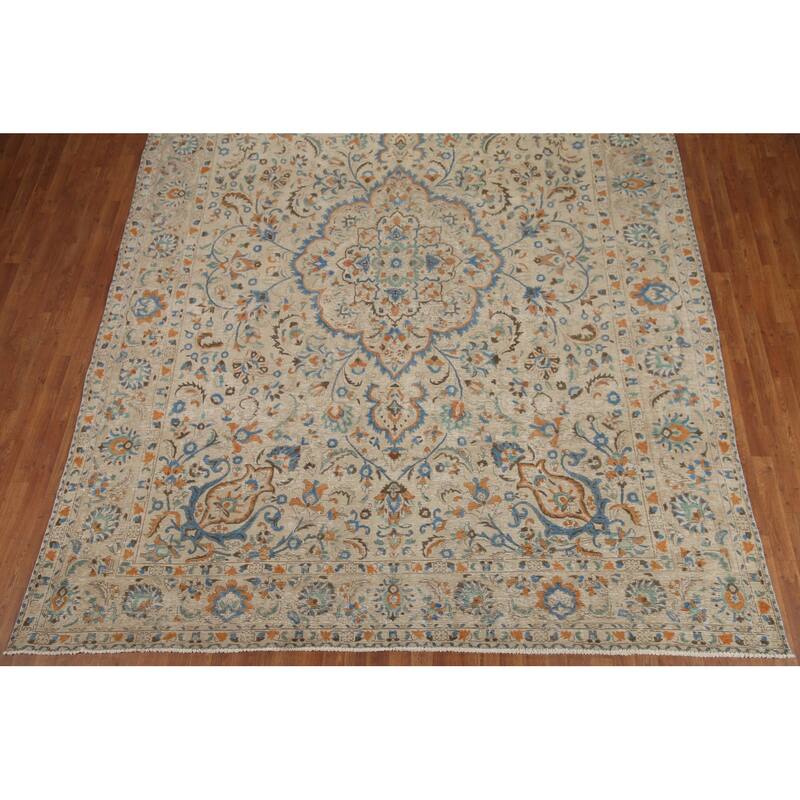 Hand Knotted Oriental 100% Wool Carpet Traditional Floral Beige & Ivories Tabriz Area Rug - 13' 1'' X 9' 9''