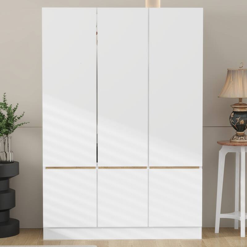 6-Doors Wooden Wardrobe Storage Armoire with Built-in Hanging Rail Clothes Storage Cabinet for Bedroom