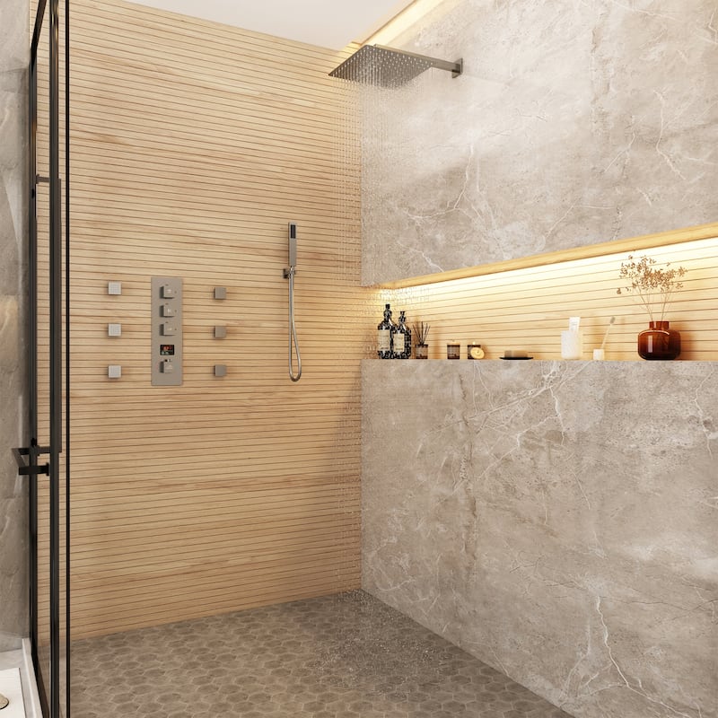 CASAINC 12 Inch Wall Mounted Square Shower Head Shower System with Handheld Shower Body Digital Display Shower 6 Body Jet