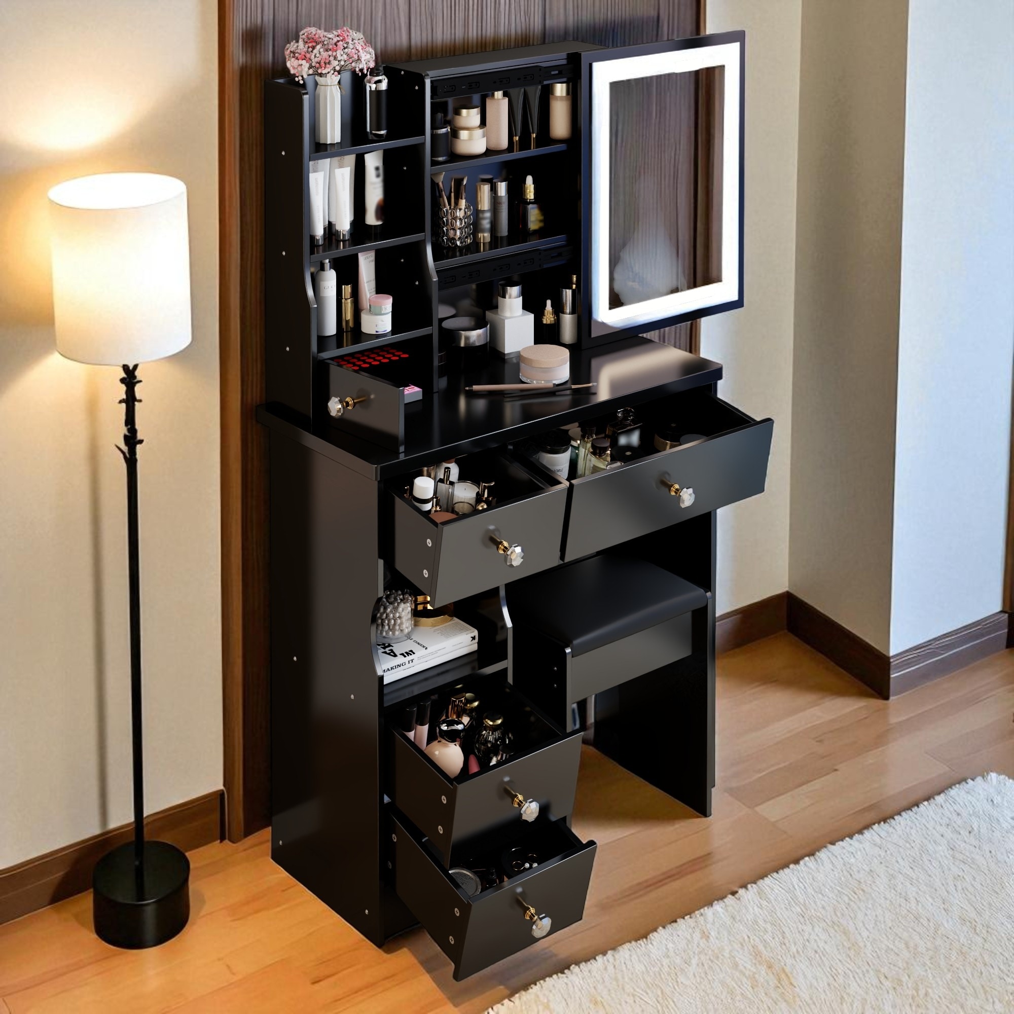 small dressing table black Vanity Desk with LED Mirror and Stool, 29.2