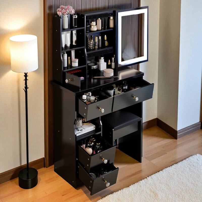 Small Vanity Desk with LED Mirror and Stool, 29.2" Dressing Table with Drawer and Adjustable Lighting