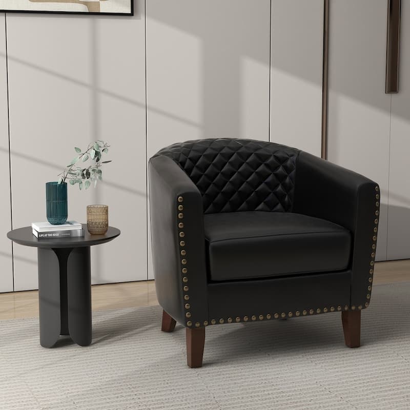 UIXE Mid-Century Leather Barrel Accent Chair With Nailheads Trim - 29" W