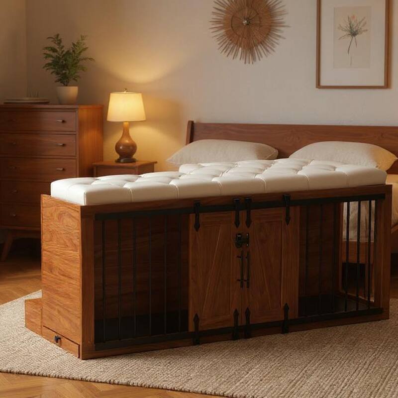 56"L, Furniture Style 2 in 1 Dog Crate with Padded Seat, Sliding Barn Door, Luxury Wooden Dog Kennel