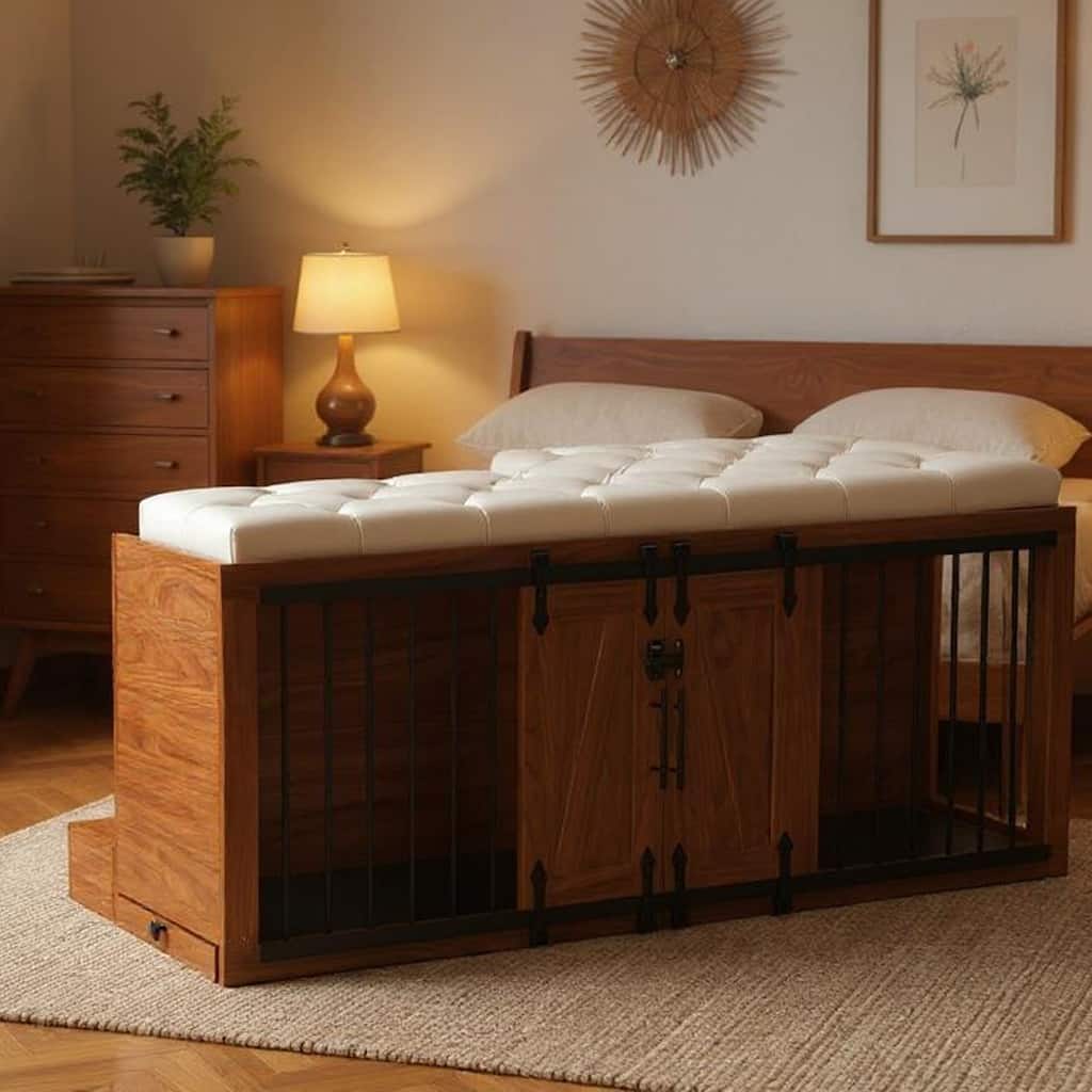 56"L, Furniture Style 2 in 1 Dog Crate with Padded Seat, Sliding Barn Door, Luxury Wooden Dog Kennel