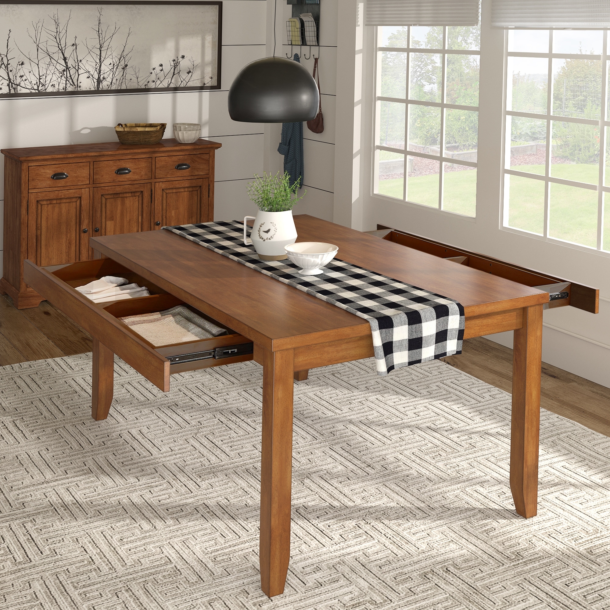 60 in. Rectangle Oak Solid Wood Dining Table with 2-Drawers