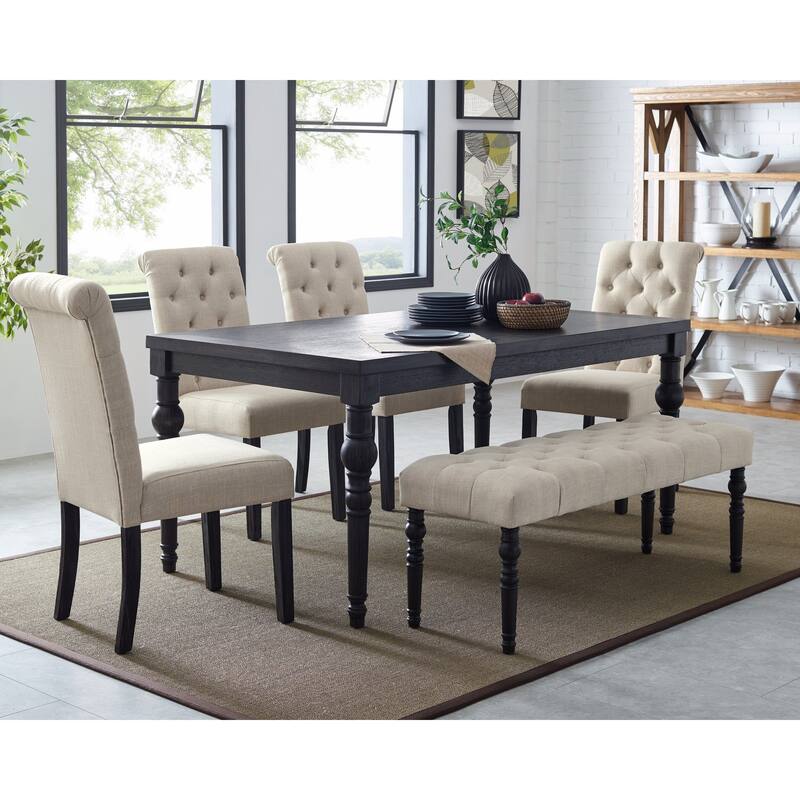 Button Tufted Upholstered Bench, Upholstered Dining Chairs, Tan Dining Table and Chairs Set with Rectangular Table